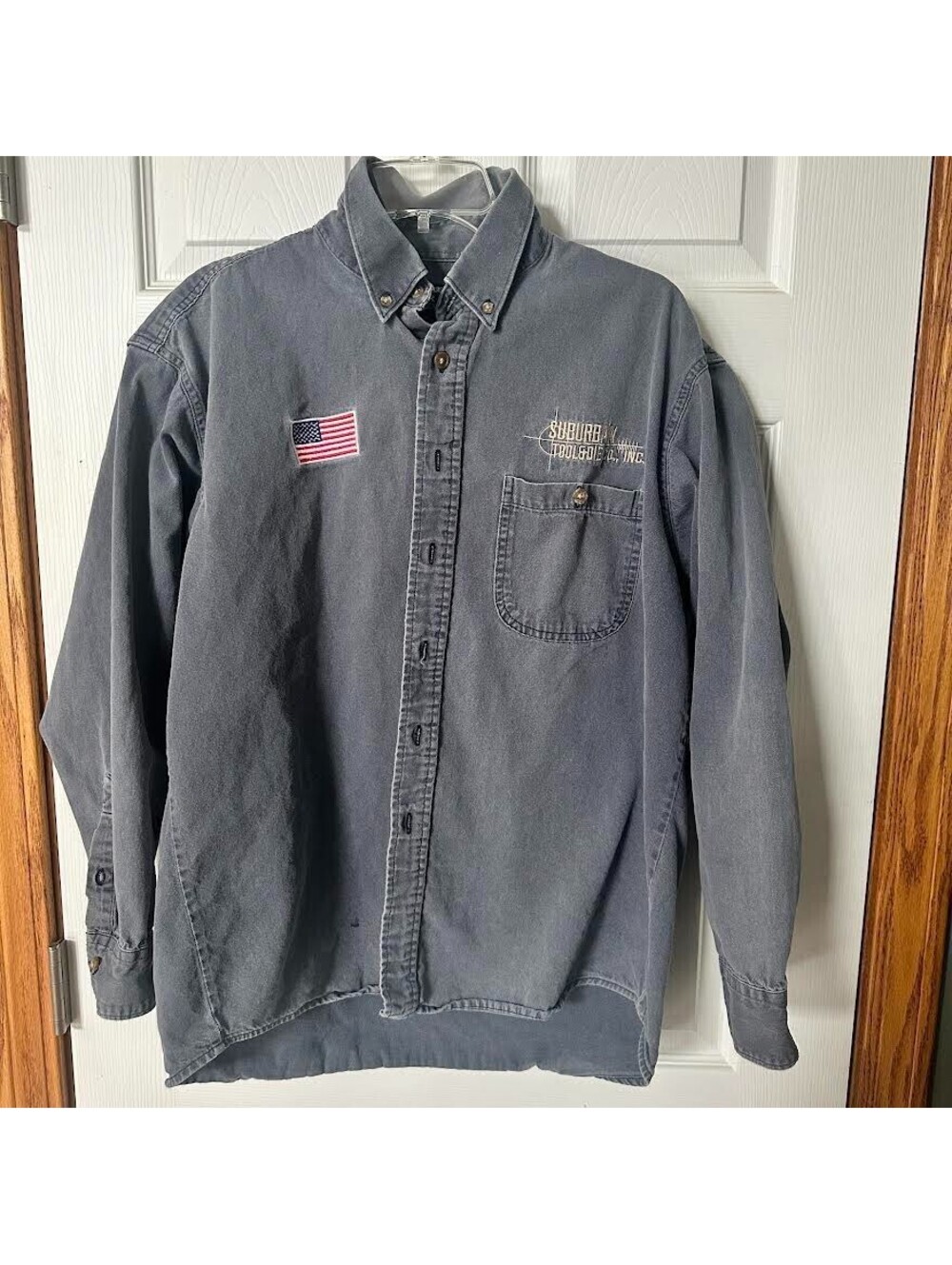 Vintage Three Rivers Rustic Work Shirt LG American Flag, Blur Tool & Die